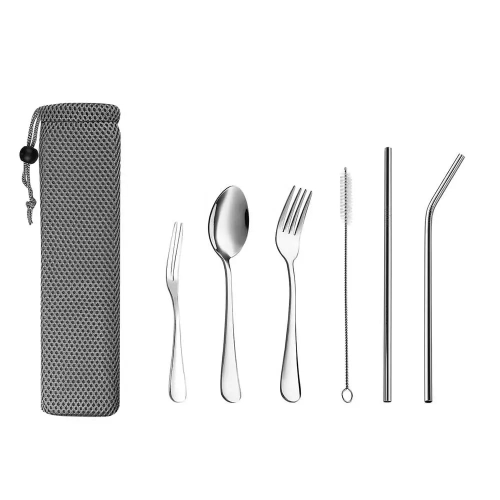 Cutlery Set C Многоразовая посуда из серебра, металлическая соломинка, ложка, вилка, палочки для еды, соломинка, набор посуды для путешествий, кемпинга, набор столовых приборов - Цвет: Cutlery Set C