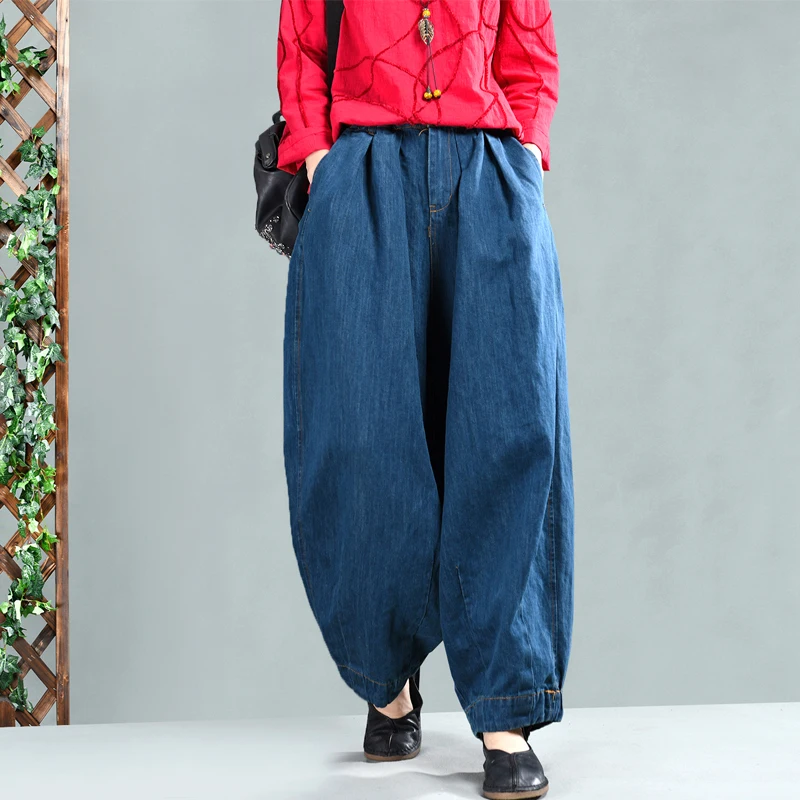 2019 New Women Loose Jeans Casual Denim Harem Pants Plus Size Elastic Waist Washed Trousers |