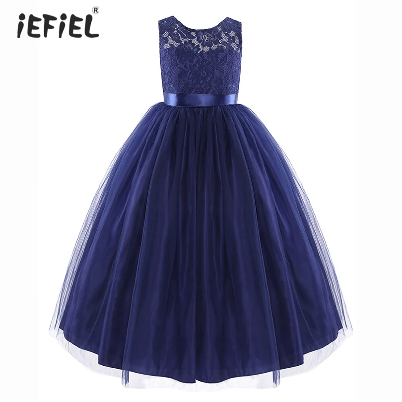 Темно-синее детское фатиновое платье принцессы с цветочным узором для девочек