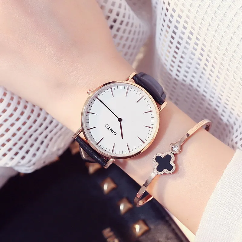 GIMTO модные розовые женские часы ультра тонкие золотые кожаные водонепроницаемые