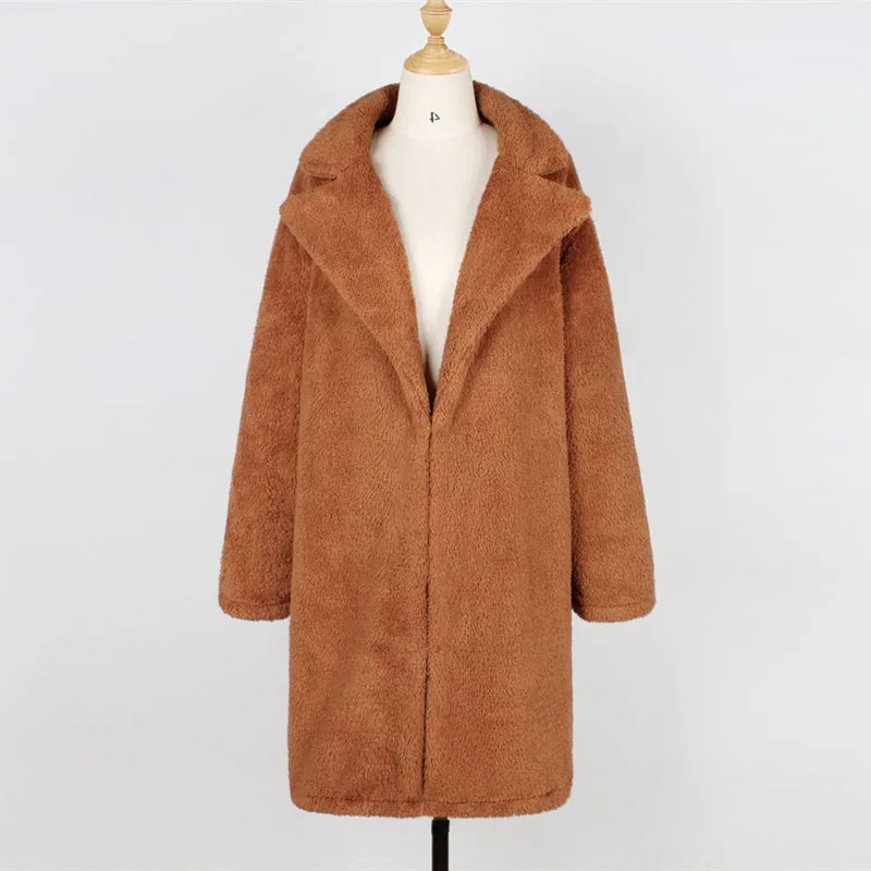 Camel Brown QIUXUAN, Дамское плотное длинное меховое пальто, зимнее теплое, с отложным воротником, с длинным рукавом, тонкое, плюшевое пальто, женские модные кардиганы, стиль уличной одежды - Цвет: Camel Brown