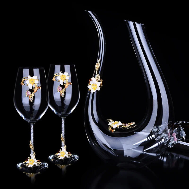 3pcs Yellow flower Эмаль Красное Вино чашка набор Европейский высокого класса Кубок чашки графин бокал вина хрустальные бокалы под шампанское на свадьбу вечерние принадлежности - Цвет: 3pcs Yellow flower