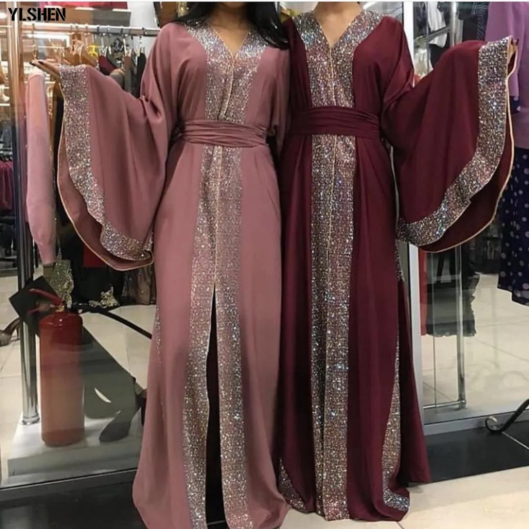2020 Luxury Diamonds Abaya Dubai Muslim Dress Elegant Pure Color Islamic Clothing Cardigan Robes Kaftan Abayas For Women Kimono