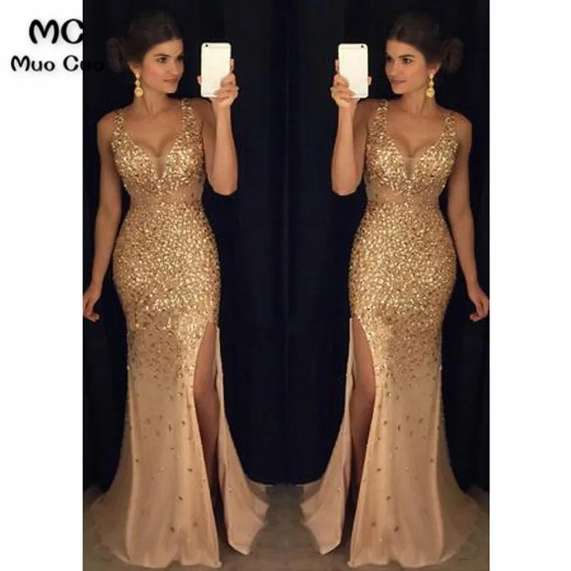 Mocuo Роскошные вечерние платья Русалочки Длинные Кристаллы разрез Vestido Longo вечерние платья vestido de festa Большие размеры
