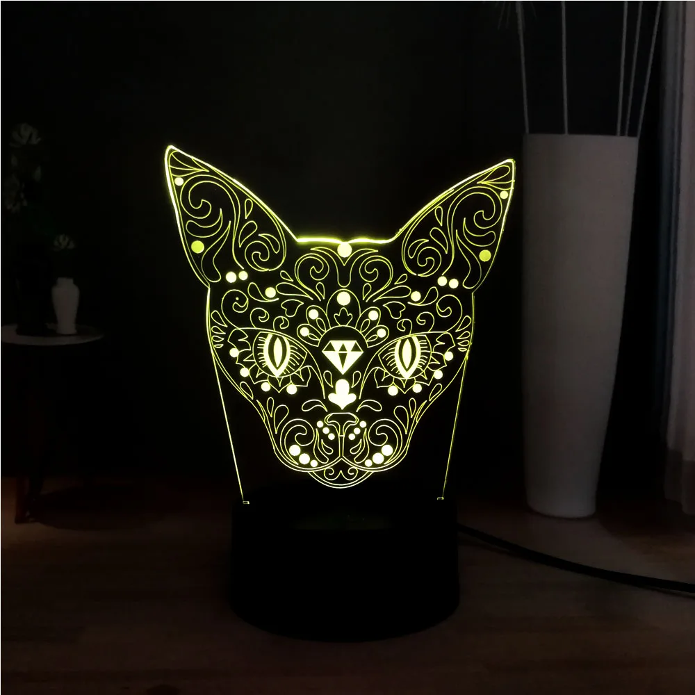 Новая 3D голова котенка олень Иллюзия акриловая Светодиодная панель 7 цветов