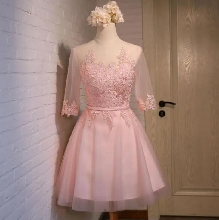 pink short Robe de soiree розовое короткое вечернее платье с открытыми плечами и кружевной вышивкой, вечерние платья - Цвет: pink short