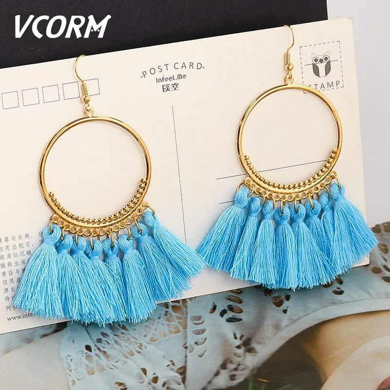 Light blue 4 VCORM богемные большие висячие серьги с кисточками для женщин модные ювелирные серьги Роскошные серьги с бахромой из хлопка и шелка - Окраска металла: Light blue 4
