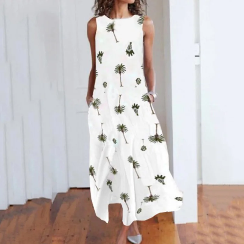 Пляжное ретро платье большого размера женское с круглым вырезом свободное без