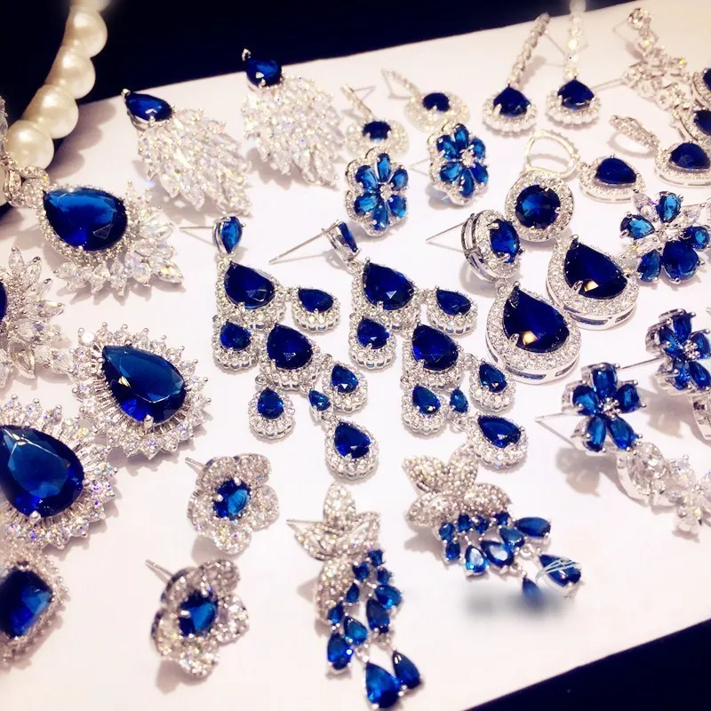 

Vintage Drop Earrings For Women Solid 925 Luxury Bricnos Blue Cubic Zirconia Temperament Earring Fine Jewelry
