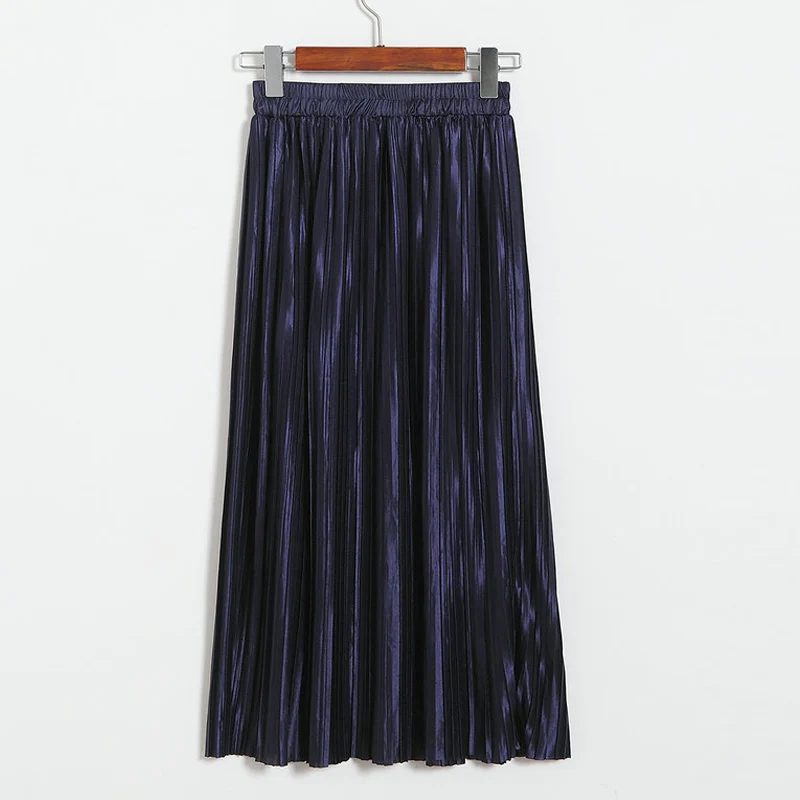 Navy-Blue Qiuxuan, летняя блестящая плиссированная юбка цвета металлик, женская мода, эластичная высокая талия, длина по щиколотку, Длинные повседневные вечерние юбки макси - Цвет: Navy-Blue