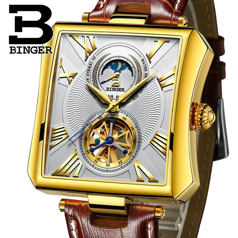 

Rectangle Automatic Mechanical Watches BINGER Rose gold Fashion Business Watch Men Tourbillon skeleton Clock Waterproof Wrist