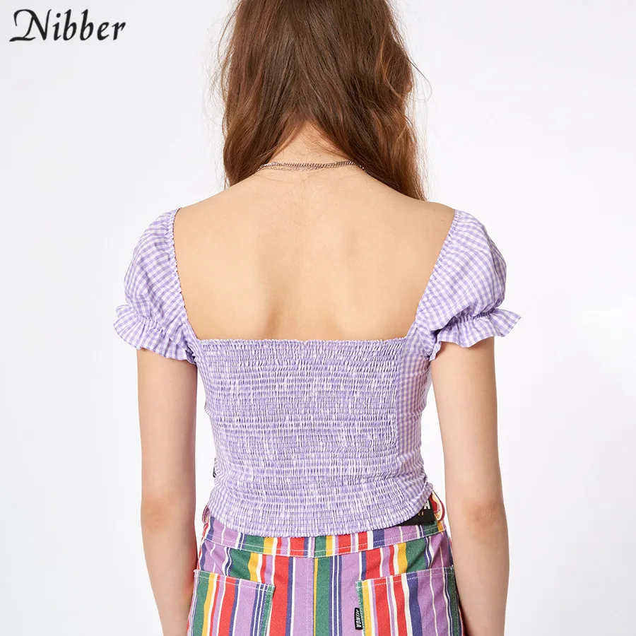 Nibber High street Повседневные хлопковые клетчатые Короткие топы женские футболки летние элегантные офисные футболки с открытыми плечами с коротким рукавом
