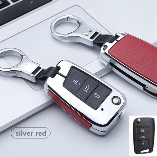 A key silver red Автомобильный кожаный чехол для ключей, держатель для VW Golf 7 Polo Bora MK7 MK6 Passat для Skoda Octavia A7 Kodiaq Seat Leon Ibiza, откидной ключ - Название цвета: A key silver red