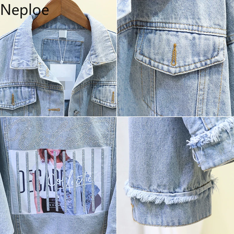 Neploe/женские куртки с надписью и бриллиантами сезон лето джинсовая куртка дырками