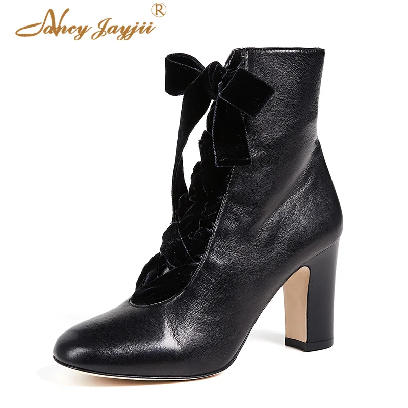 

Black Ankle Boots Woman Shoes Zipper Side Square Heel Round Toe Heel Dress Autumn 2021 Female Cross-tied Lace-up Classic