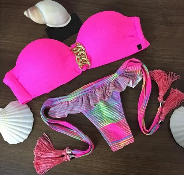 

New Swimwear Bikini Neoprene Swimsuits Bathing Suit Push Up Bikini Brazilian Vintage Maillot De Bain Rose Red 2021