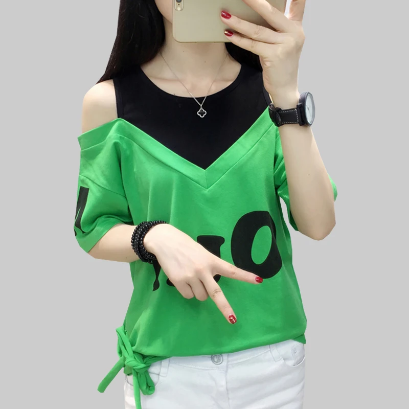 

shintimes Bow T-Shirt Off The Shoulder Tops For Women T Shirt Letter Print Tee Woman Clothes 2021 Summer Cotton Tshirt Femme