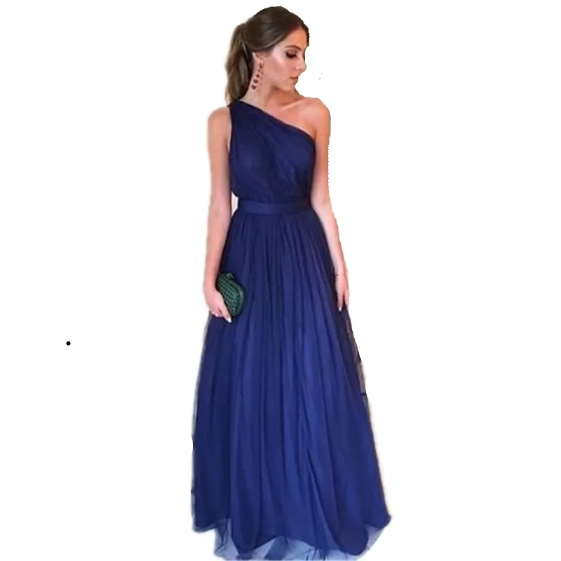 Горячая продажа Королевский Синий Один Shoudler без рукавов мягкие тюлевые Платья