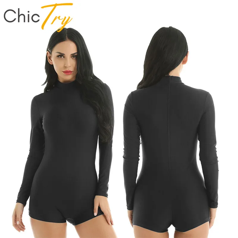 ChicTry Solid Color Mock Neck Long Sleeve Adult Ballet Gymnastics Leotard Women Stretchy Bodysuit Gym Unitards Sports Dance Wear |