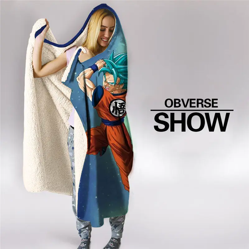Blue Anime Hooded Blanket 3D Print Sherpa Blanket Fashion Travel Youth Outlet Plush Throw Wearable Fleece Blanket Dragon Ball