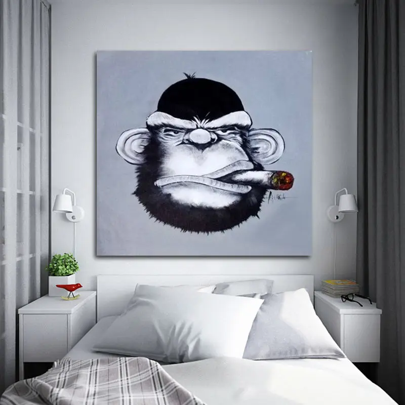 Hand painted oil painting on canvas Modern art home decor cool smoking Chimpanzee gorilla monkey | Дом и сад