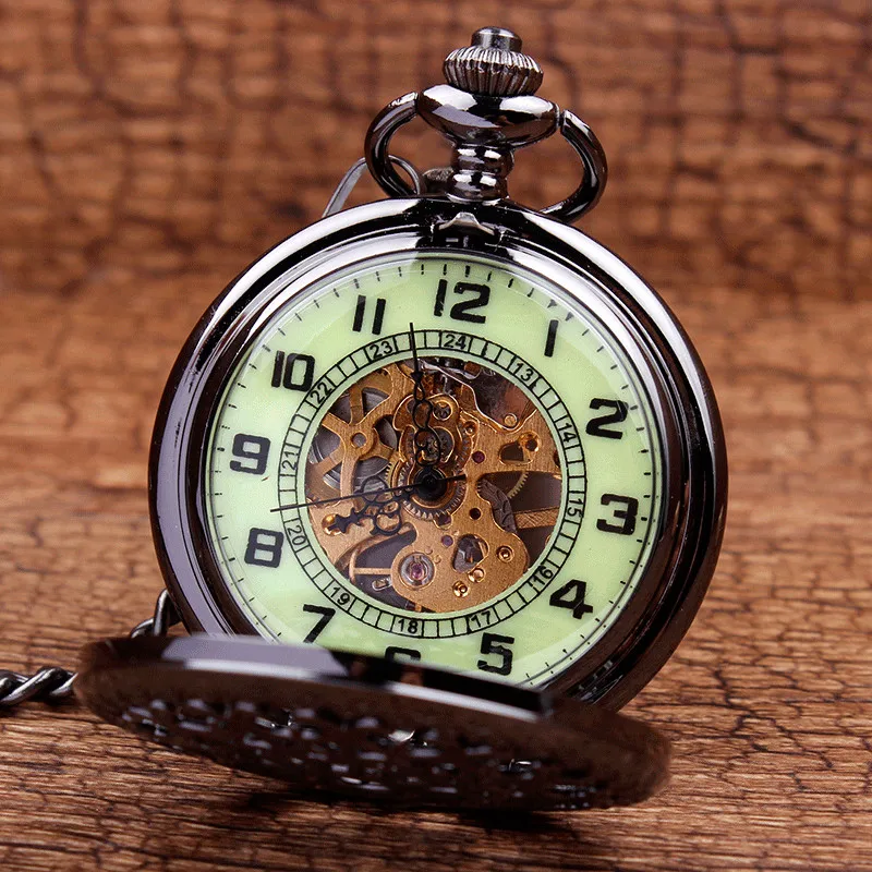 New Luminous Mechanical Pocket Watch Steampunk Vintage Hollow Cover Analog Skeleton Hand Winding Mechanical Pocket Watch for Men