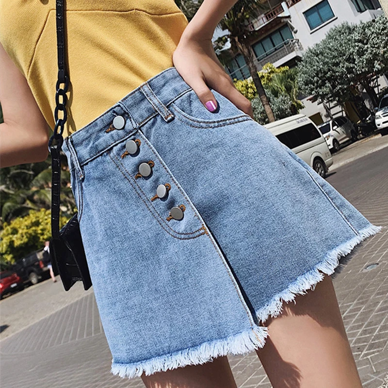 Женские джинсовые шорты FMFSSOM с высокой талией и кисточками на кнопках весну-лето |
