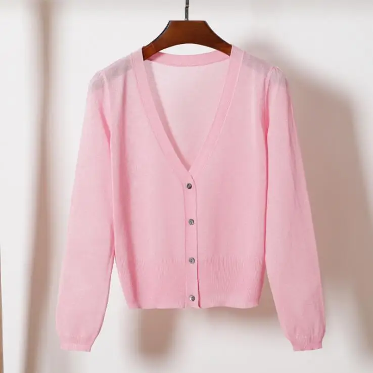 pink Queechalle 13 цветов для женщин короткий вязаный кардиган пальто V средства ухода за кожей Шеи с длинным рукавом Ice Шелковый Тонкий пальт - Цвет: pink