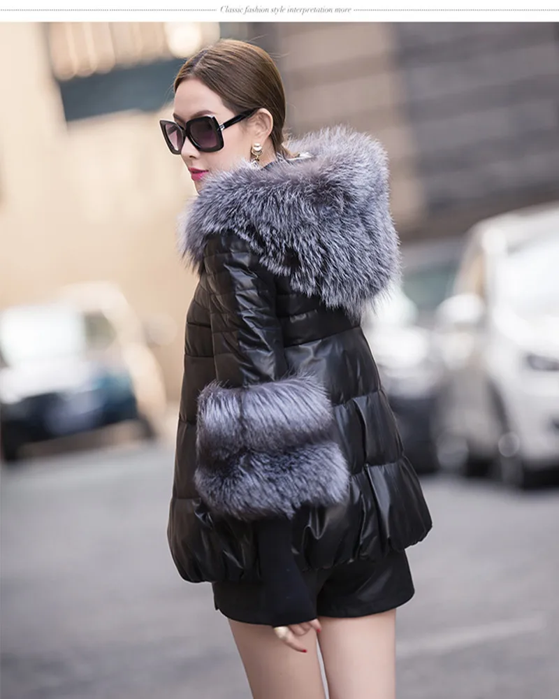 Free Shipping 2016 Latest Design Winter Fur Coat Fashion Slim Woman Leather Jacket Fox Collar A0023 |