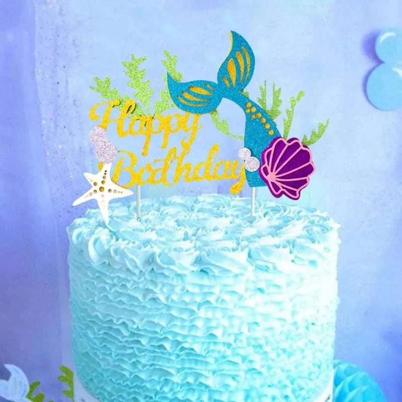 1pcs cake toppers Маленькая Русалочка праздничные обертки для кексов Топпер для торта «С Днем Рождения» День Рождения украшения под морем тема Девушка Вечерние поставки - Цвет: 1pcs cake toppers