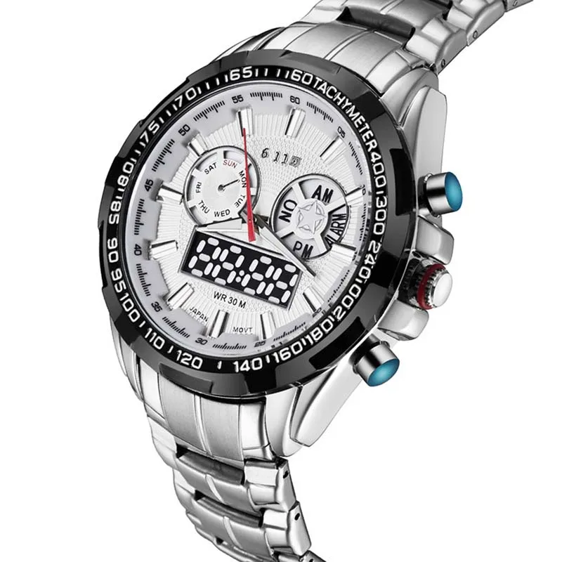 Мужские цифровые часы светодиодный спортивные водонепроницаемые из нержавеющей
