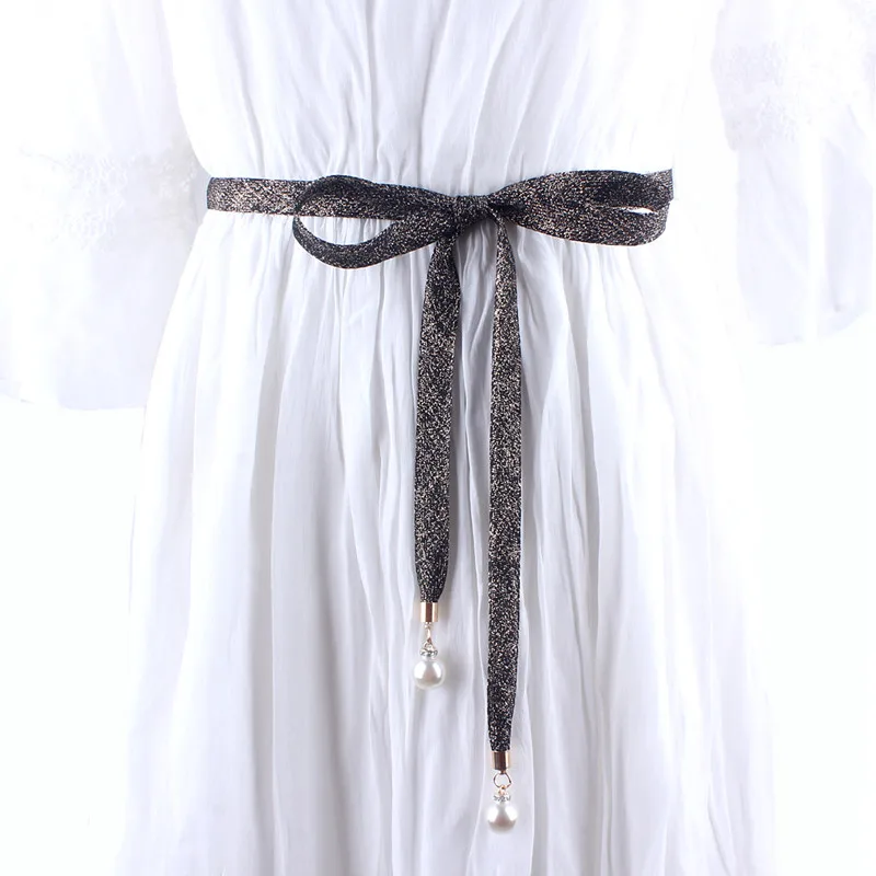 Женский тонкий пояс с жемчужинами узлом для платья роскошный узкая лента |
