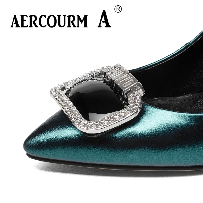 Aercourm A 2018 new Women metal button Shoes Female Genuine Leather High Heel Pumps crystal Square Heels Brand Z306 | Обувь