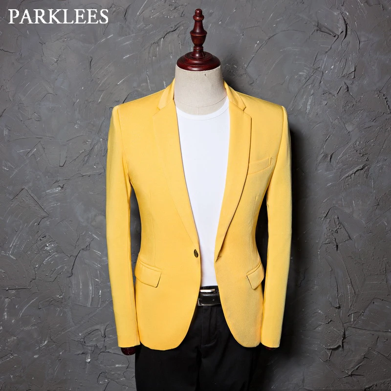 Мужской блейзер с отложным воротником приталенный желтый пиджак вечерние