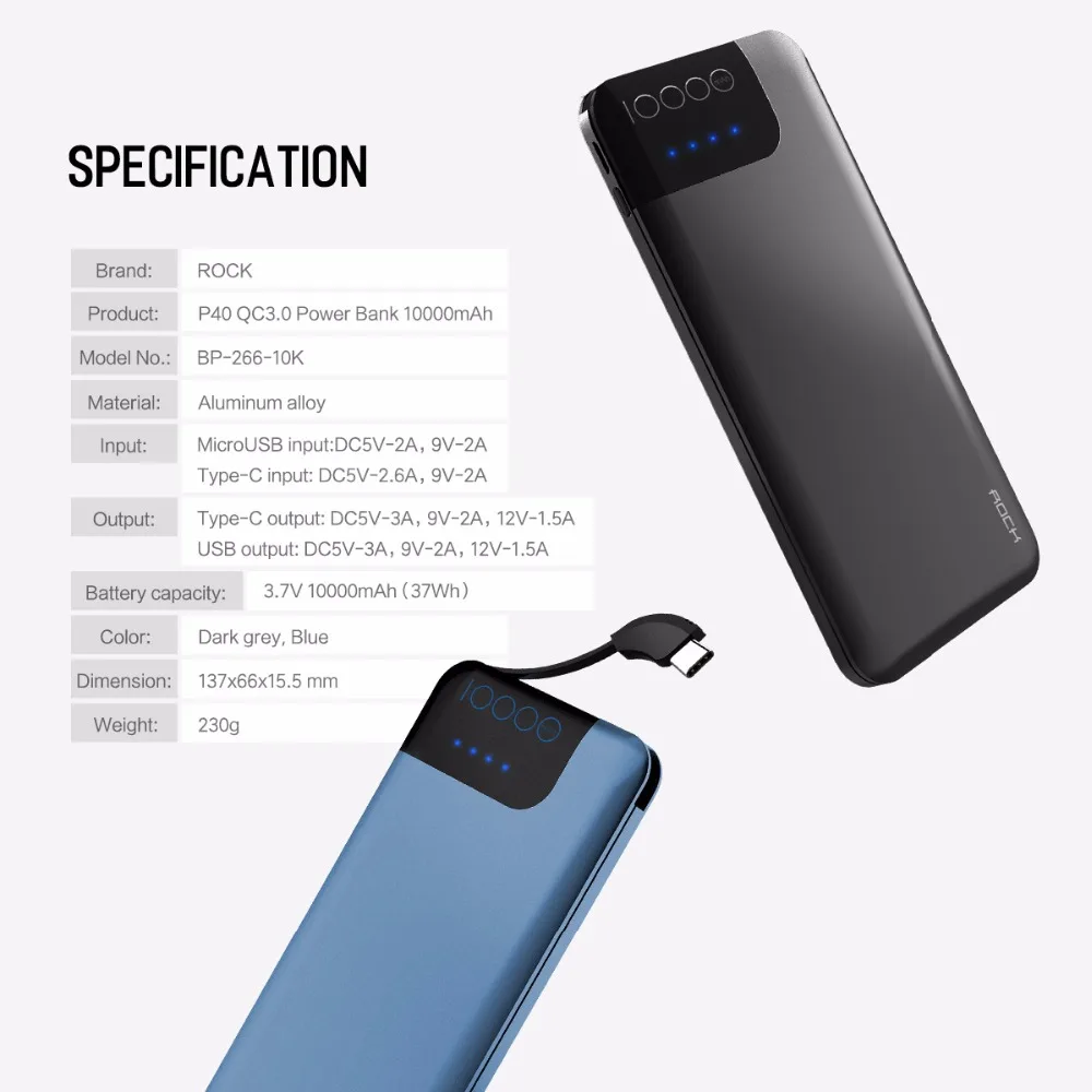 ROCK Quick Charge power Bank 10000mAh 5 V/9 V/12 V Smart QC 3,0 power bank с цифровым дисплеем TYPE C портативный внешний аккумулятор