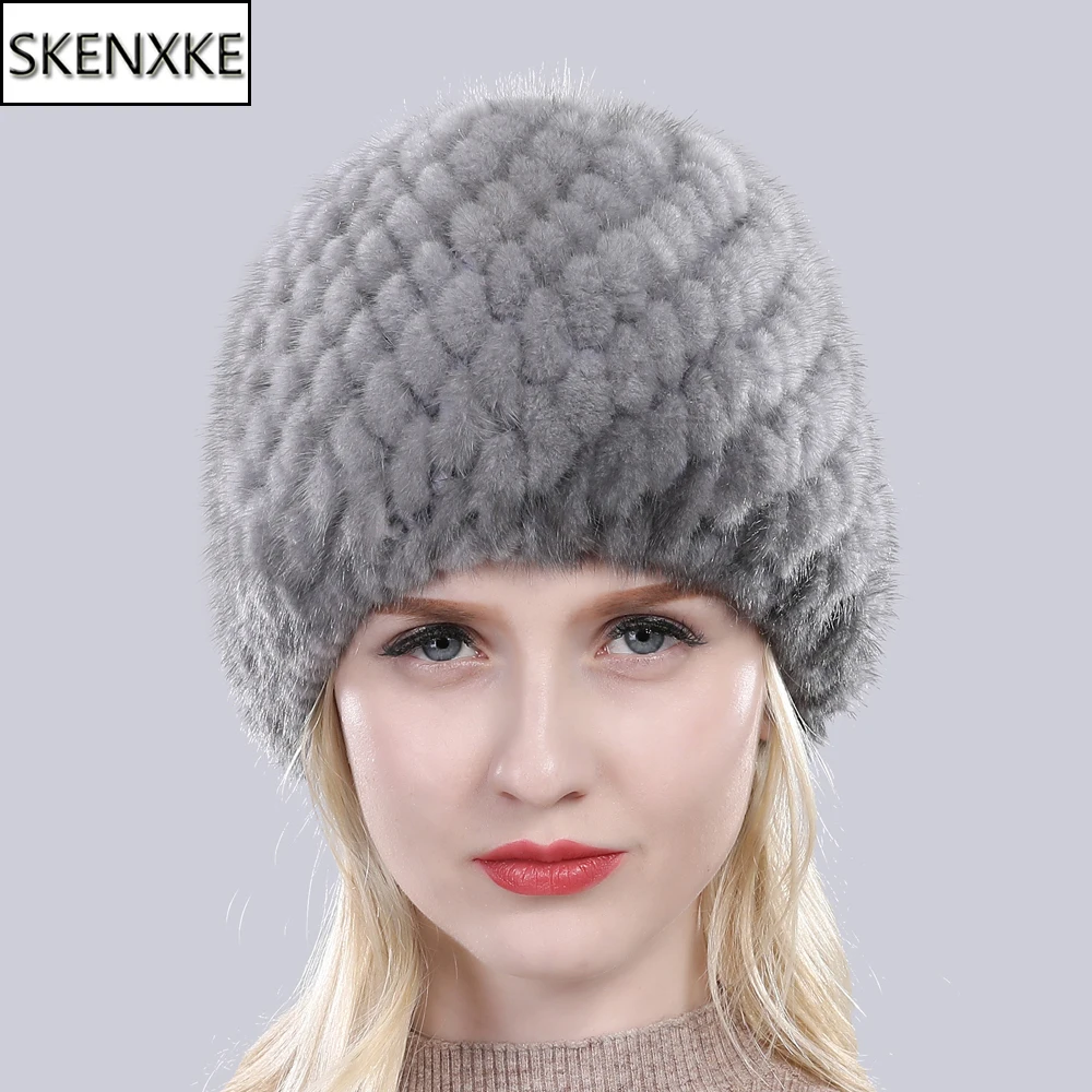 России новая зимняя леди натурального меха норки меховой шапки бини вязаная