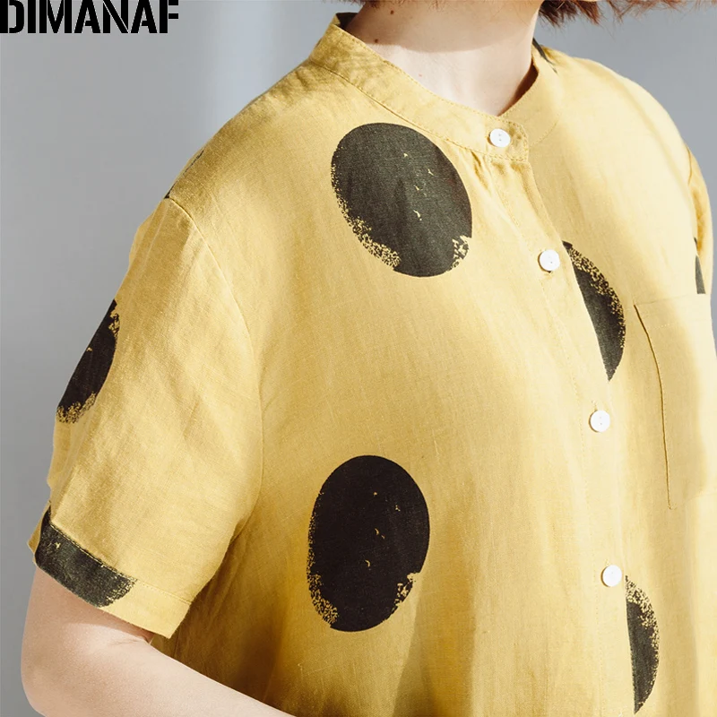 

DIMANAF Women Summer Blouses Shirts Plus Size Fashion Polka Dot Linen Short Tops 2020 Female Clothing Oversized Loose Blouse