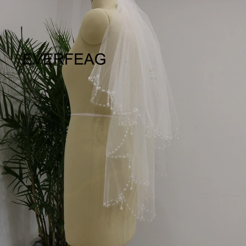 

Short Beaded 2 Layer Wedding Veil White Ivory Tulle Bridal Veils with Comb Wedding Accessories 2020 voile de mariee