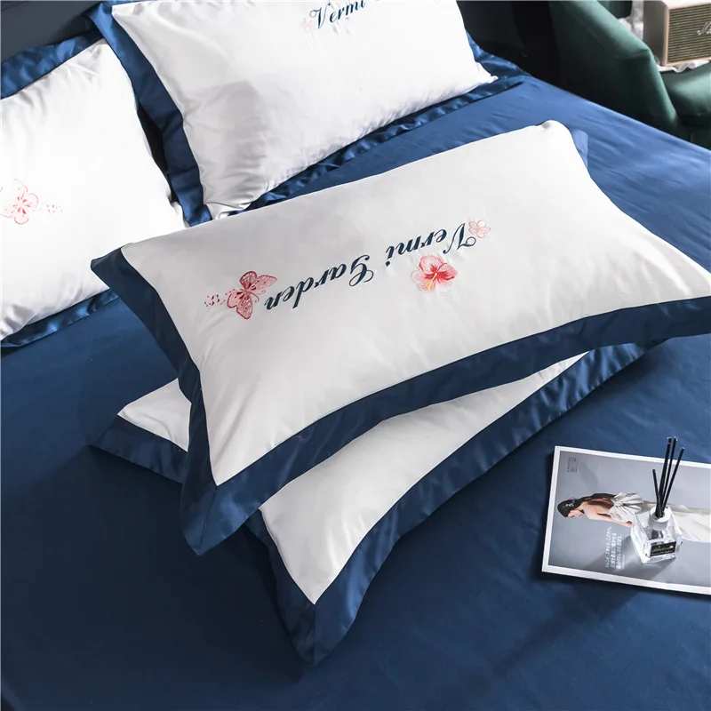 Синий роскошный Европейский комплект постельного белья из египетского хлопка с