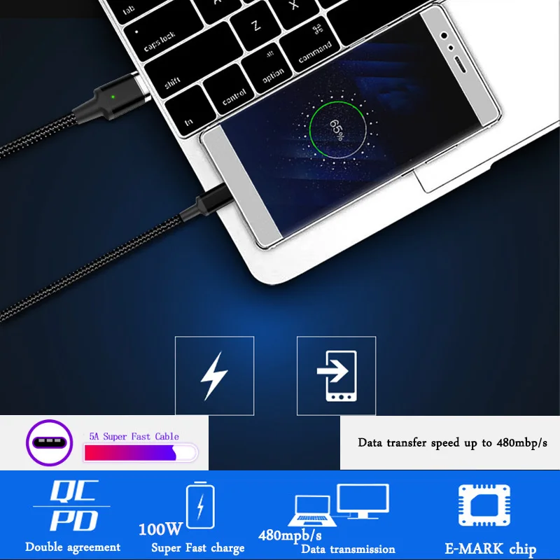 Магнитный кабель type-C 100 Вт, 5А, быстрая зарядка, PD, USB C кабель для Macbook, зарядный кабель type-C, type-C, для huawei, Xiaomi, samsung
