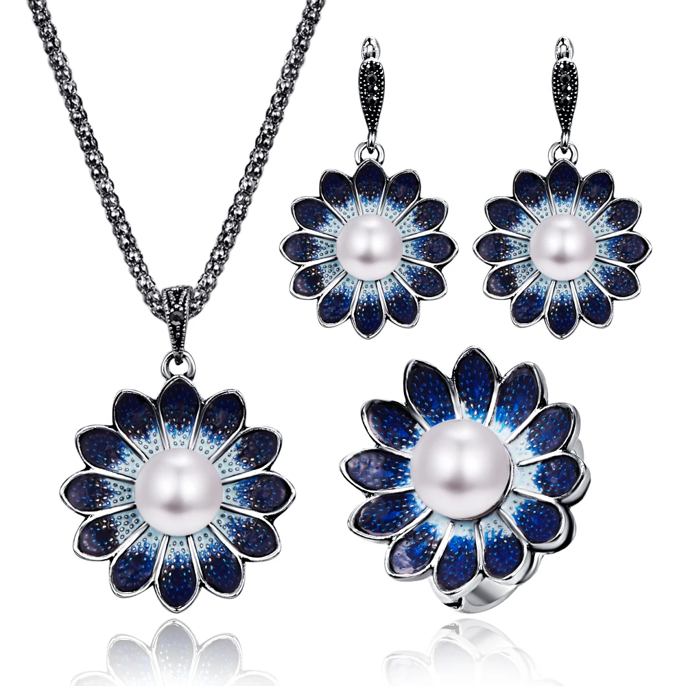 Комплект из колье серёг и кольца с эмалью серебристого цвета|Ювелирные наборы| |