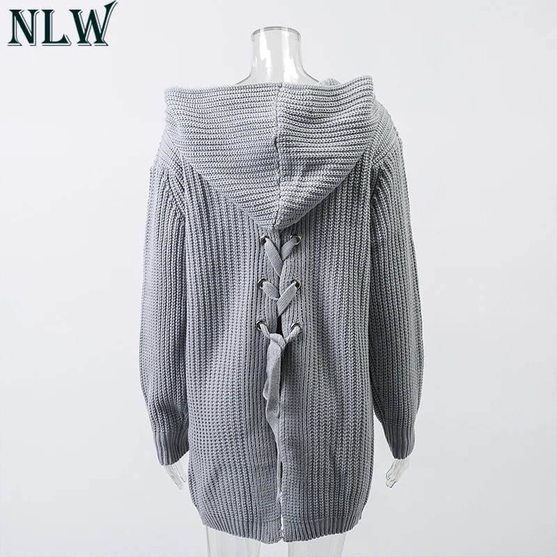 NLW 2019 Autumn Winter Knitted Cardigan Sweater Women Streetwear Long Sleeve Pocket Hooded Jumper Fashion Lace up Split |