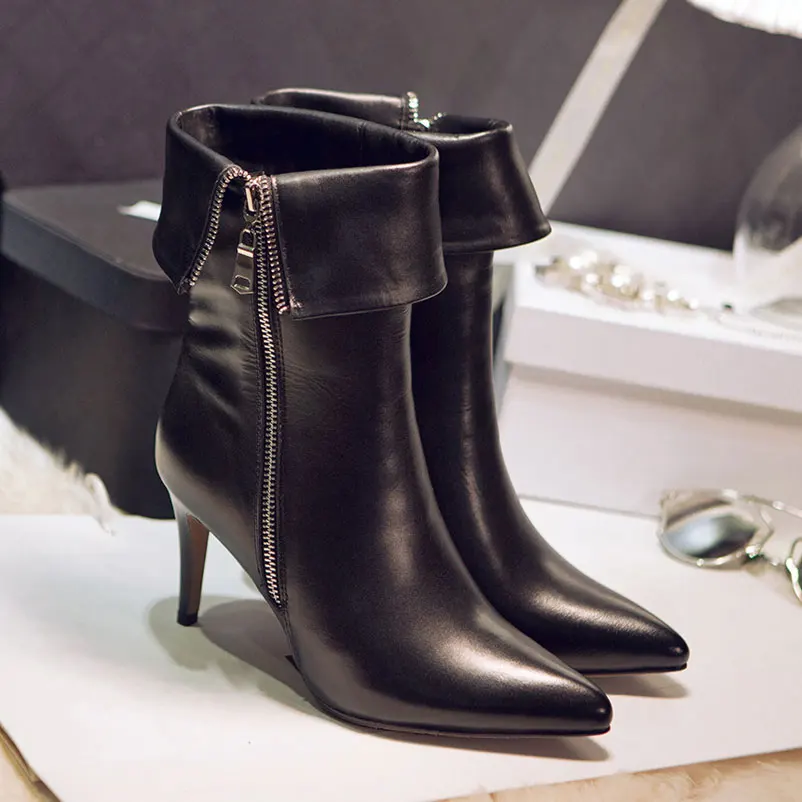 Women Boots Genuine Leather Quality Ladies Shoes European Fashion Ankle Autumn Sexy Heels Pointed Toe | Обувь