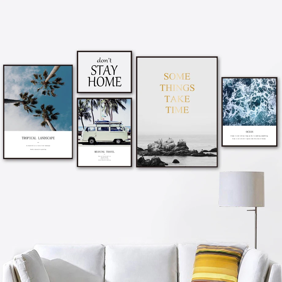 

Seascape Van Coconut Tree Quote Wall Art Canvas Painting Nordic Posters And Prints Landscape Wall Pictures For Living Room Decor