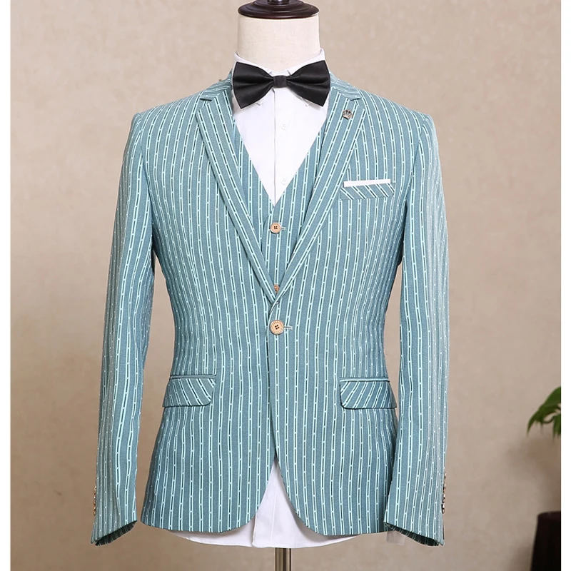 Мужской костюм NA11 Зеленый Смокинг в полоску + брюки жилет 3 шт.|smoking suit|smoke weddingsmoking