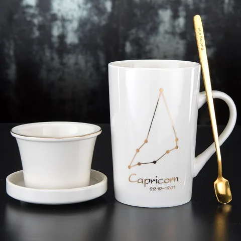 Capricornus-White 12 унций креативная Золотая печать 12 созвездий белая кофейная кружка чайная чашка с чайной утечкой с крышкой и ложкой в подарок - Цвет: Capricornus-White
