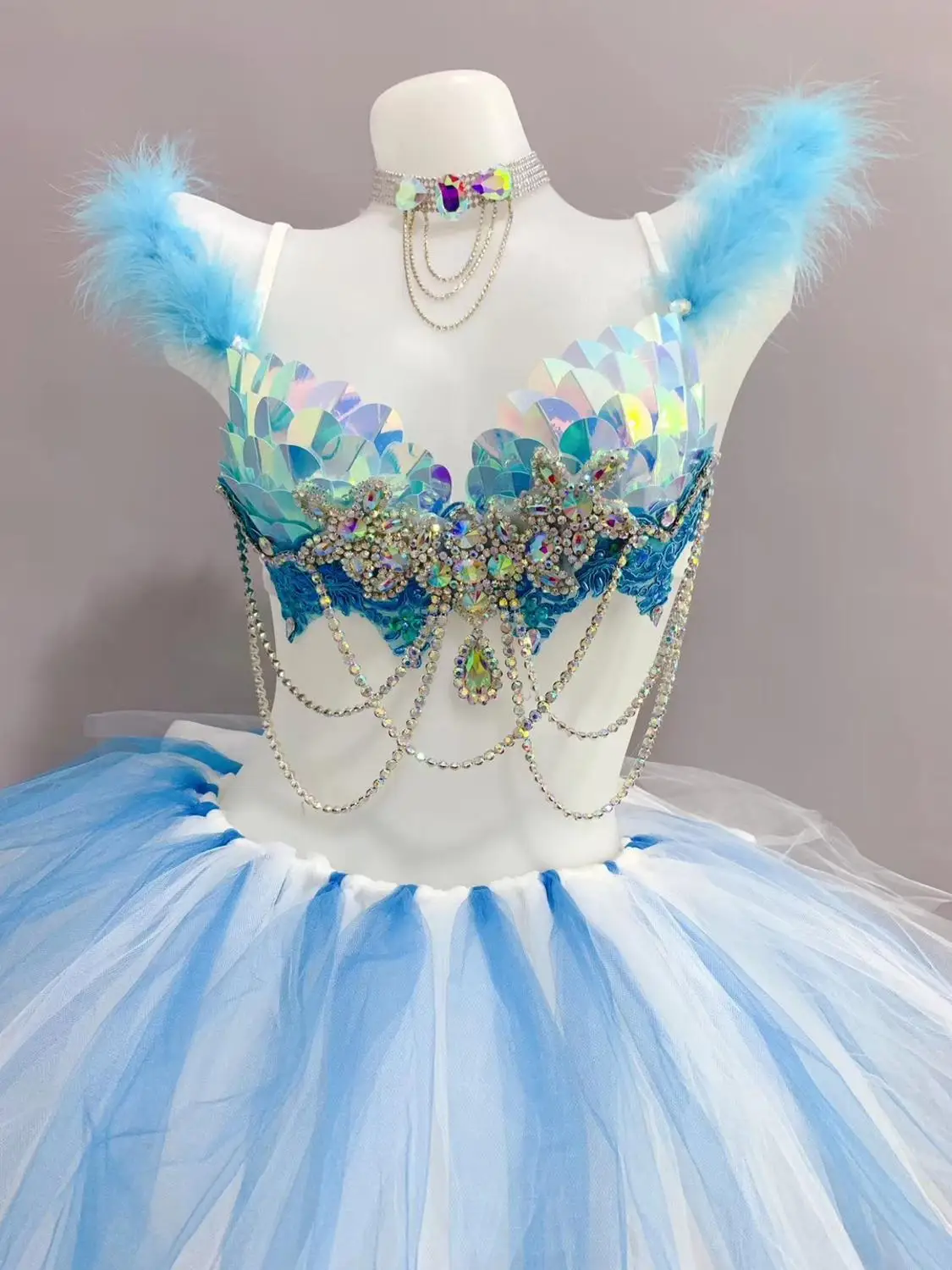 Blue Sequins Rhinestones Bra Mesh TUTU Skirt Sexy Women Set Bar Club Rave Party Dance Outfit Nightclub DJ Singer Costume 2 Piece |