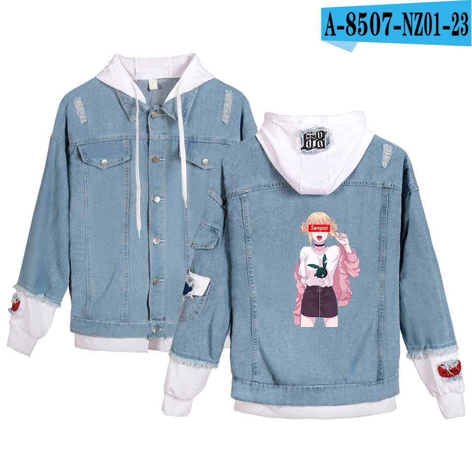 whiteblue Senpai Women Denim Jacket Girls Casual Ripped Hole Jeans Coat Female Plus Size Hooded Outerwear Spring Autumn Jackets - Цвет: whiteblue