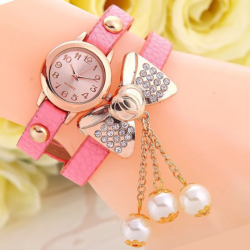 Часы наручные женские с бантом модные кожаным ремешком чёрные розовые