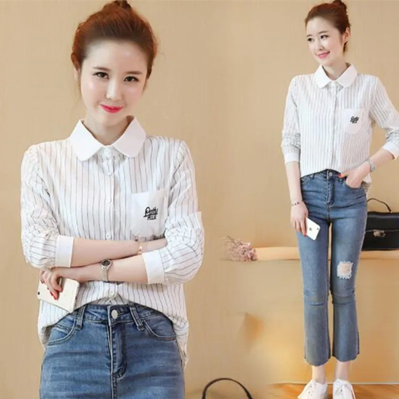 Cinmeprity Новая осень зима блузка в полоску с длинными рукавами рубашка лацканами